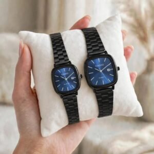 Black Blue Dial Square Steel Bracelet Couple Watch Set for Men and Women (Date Working, Top Quality)