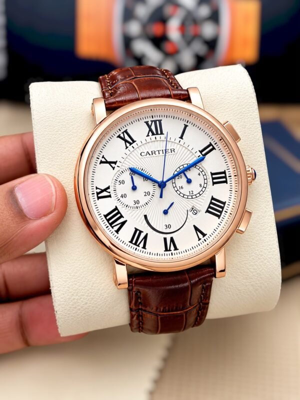 Cartier Rose Gold Chronograph Brown Leather Strap Watch for Men, cartier rose gold chronograph watch