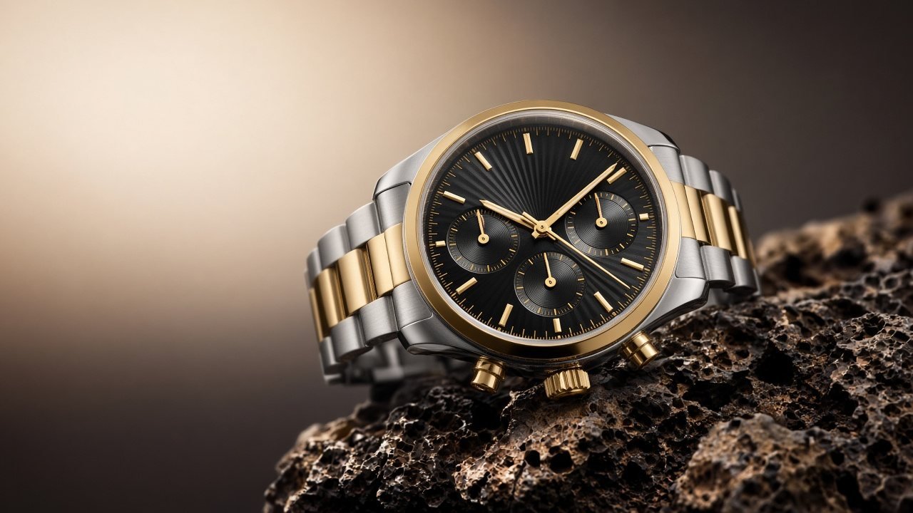 Two-tone chronograph watch on dark rock