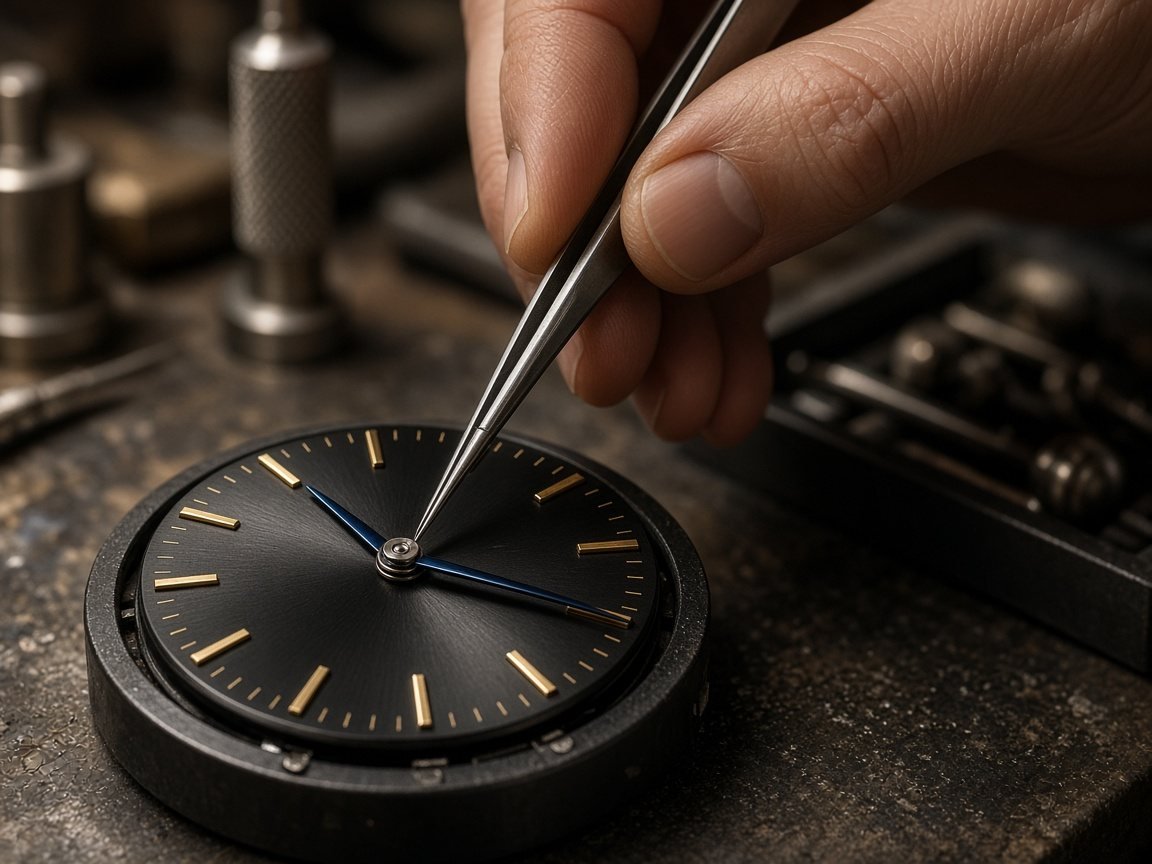 Watchmaker adjusting the hands of a watch dial