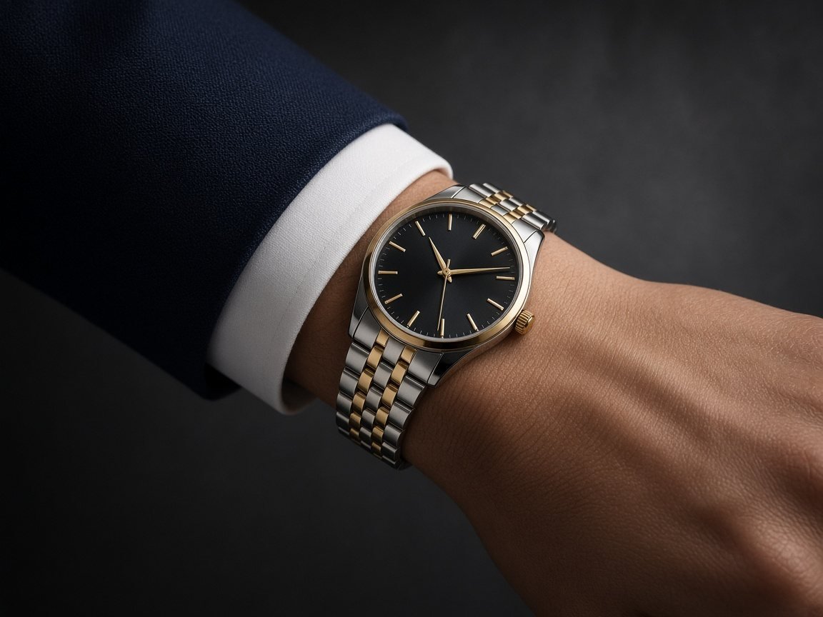 Two-tone watch on a wrist with a suit cuff