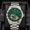 Tommy Hilfiger Green Dial Semi-Skeleton Automatic Steel Watch for Men, tommy hilfiger automatic watch