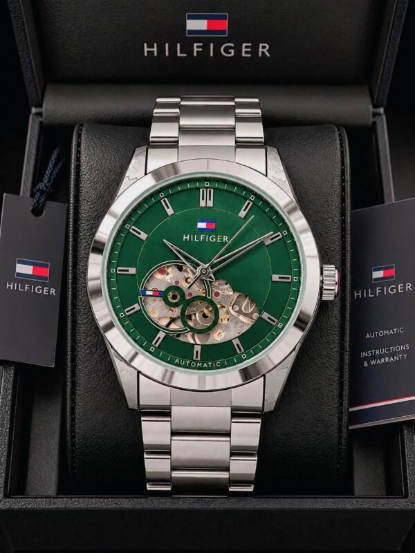 Tommy Hilfiger Green Dial Semi-Skeleton Automatic Steel Watch for Men, tommy hilfiger automatic watch