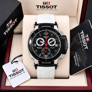 Men's Black Dial Sports Chronograph Watch with White Silicone Strap and Date (Premium Quality)