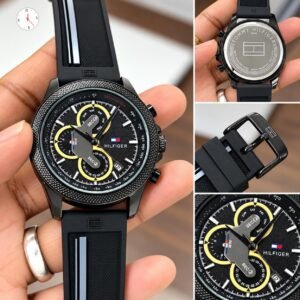 Men's Black Dial Chronograph Watch with Yellow Sub-Dials and Black Silicone Strap (Premium Quality)