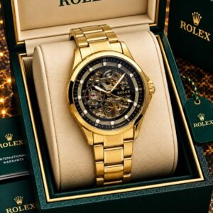 Rolex Men's Gold-Tone Black Skeleton Dial Automatic Watch with Gold Steel Bracelet