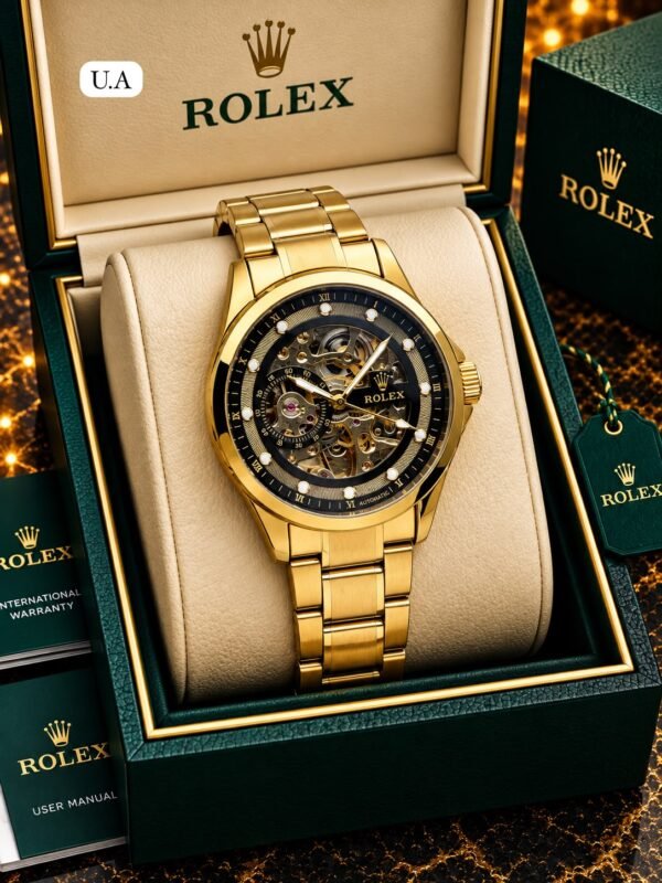 Rolex Men's Gold-Tone Black Skeleton Dial Automatic Watch with Gold Steel Bracelet, rolex skeleton watch
