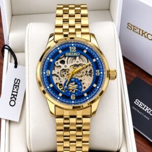 Seiko Men's Gold Steel Blue Dial Skeleton Automatic Watch (7AAA)