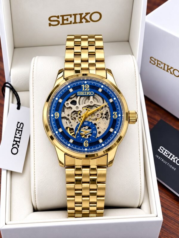 Seiko Men's Gold Steel Blue Dial Skeleton Automatic Watch (7AAA), seiko skeleton watch