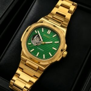 Men's Gold Steel Green Dial Open Heart Automatic Watch with Integrated Bracelet (Premium Quality)