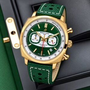 Breitling Men's Green Dial Gold Case Chronograph Quartz Watch with Green Leather Strap (7AA)
