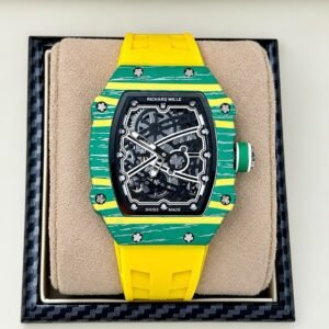 Men's Green Yellow Tonneau Skeleton Dial Sports Watch with Yellow Rubber Strap (Premium Quality)