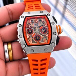 Men's Orange Silver Tonneau Skeleton Dial Chronograph Quartz Watch with Perforated Rubber Strap
