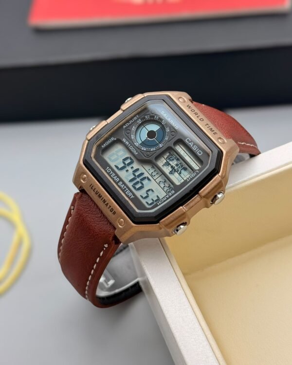 Casio Men's Rose Gold Square Digital World Time Watch with Brown Leather Strap