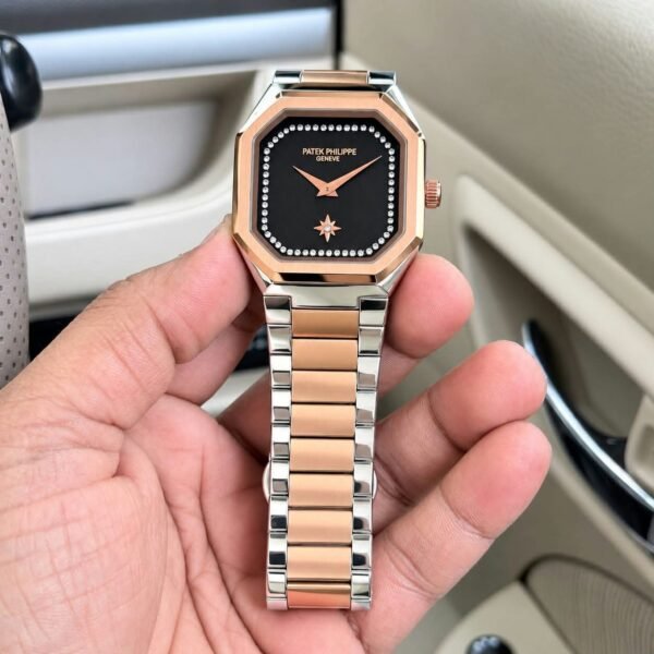 Patek Philippe Men's Slim Octagon Rose Gold Black Dial Two-Tone Quartz Watch