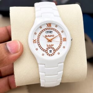 Rado Men's White Ceramic Roman Dial Day-Date Quartz Watch with Ceramic Link Bracelet