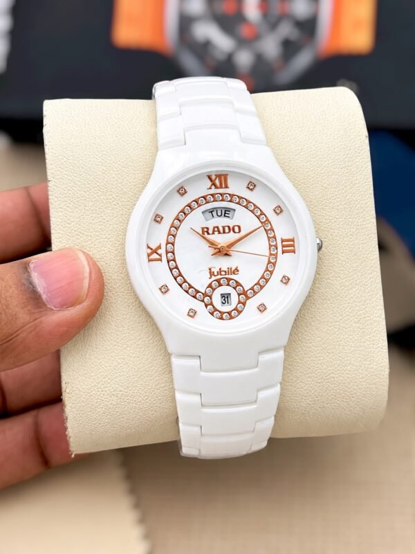 Rado Men's White Ceramic Roman Dial Day-Date Quartz Watch with Ceramic Link Bracelet, rado day-date watch