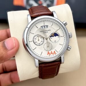 Patek Philippe Moonphase Multi-Function Chronograph Leather Strap Watch for Men