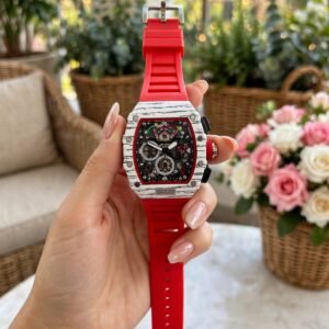Red Skeleton Dial Tonneau Chronograph Men's Sports Watch with Silicone Strap