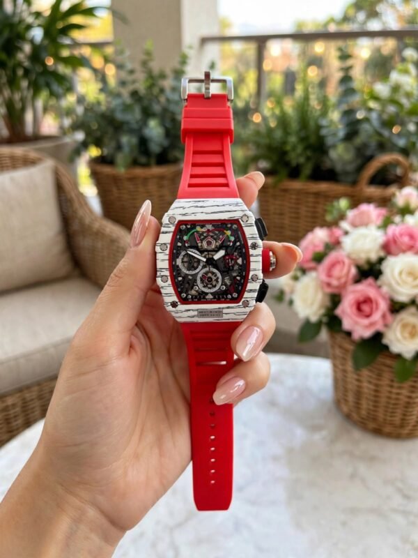 Red Skeleton Dial Tonneau Chronograph Men's Sports Watch with Silicone Strap, skeleton watch