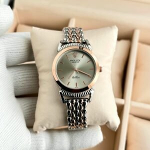 Women's Two-Tone Slim Round Dial Rose Gold Textured Bracelet Quartz Watch