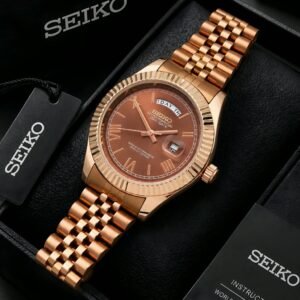 Seiko Rose Gold Fluted Bezel Brown Dial Day-Date Quartz Men's Watch