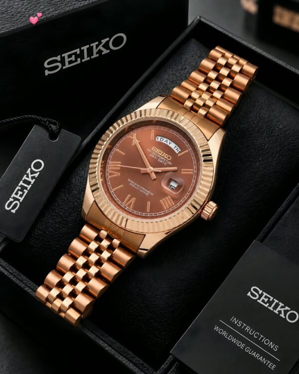 Seiko Rose Gold Fluted Bezel Brown Dial Day-Date Quartz Men's Watch, seiko day-date watch