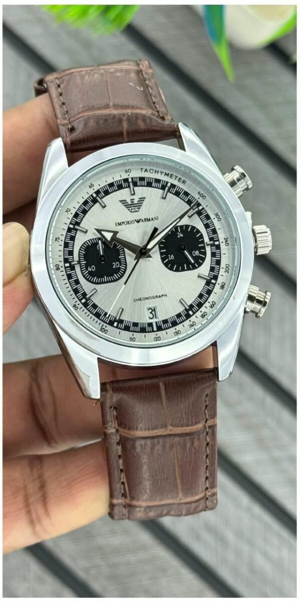 Emporio Armani Sunburst Dial Chronograph Brown Leather Watch for Men, emporio armani chronograph watch