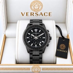 Men's Black Dial Chronograph Quartz Watch with Black Steel Bracelet