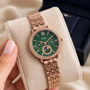 Women's Rose Gold Sun-Moon Chronograph Crystal Bezel Quartz Watch