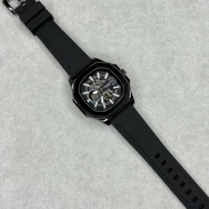 Men's Black Square Skeleton Dial Automatic Watch with Black Rubber Strap