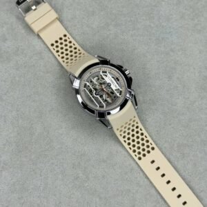 Men's Silver Skeleton Dial Automatic Watch with Cream Perforated Rubber Strap