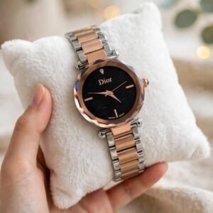 Dior Women's Rose Gold Silver Two-Tone Black Star Dial Crystal Bezel Quartz Watch