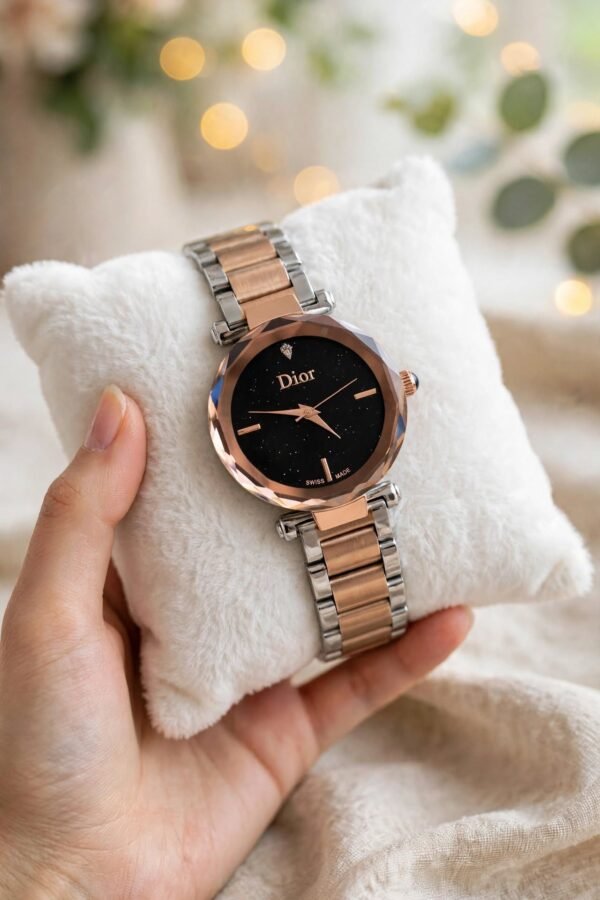 Dior Women's Rose Gold Silver Two-Tone Black Star Dial Crystal Bezel Quartz Watch, dior quartz watch