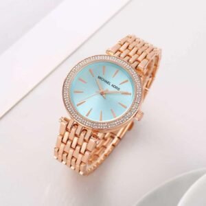 Michael Kors Women's Rose Gold Crystal Bezel Ice Blue Dial Quartz Watch with Steel Bracelet