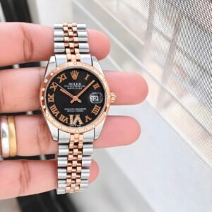 Rolex Women's Rose Gold Two-Tone Black Roman Dial Diamond Bezel Quartz Watch (7AA)