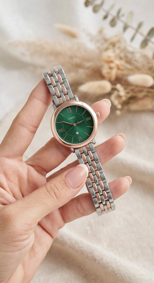 Fossil Women's Two-Tone Rose Gold Silver Green Dial Date Quartz Watch with Steel Bracelet, fossil date watch