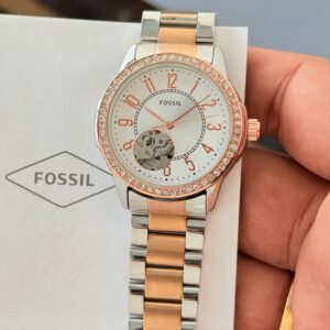 Fossil Women's Two-Tone Rose Gold White Dial Open Heart Automatic Watch with Crystal Bezel (7AA)