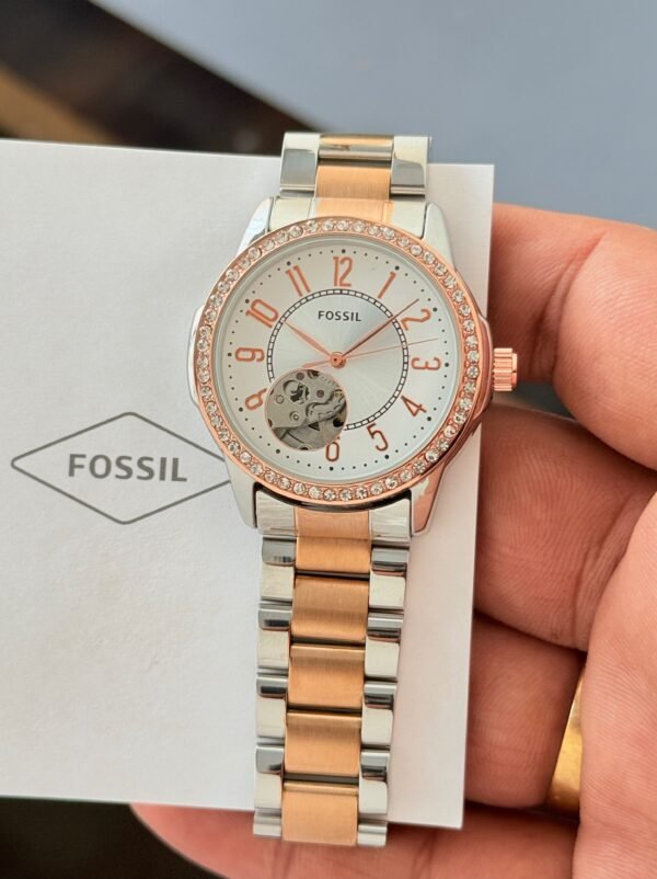 Fossil Women's Two-Tone Rose Gold White Dial Open Heart Automatic Watch with Crystal Bezel (7AA), fossil open heart watch